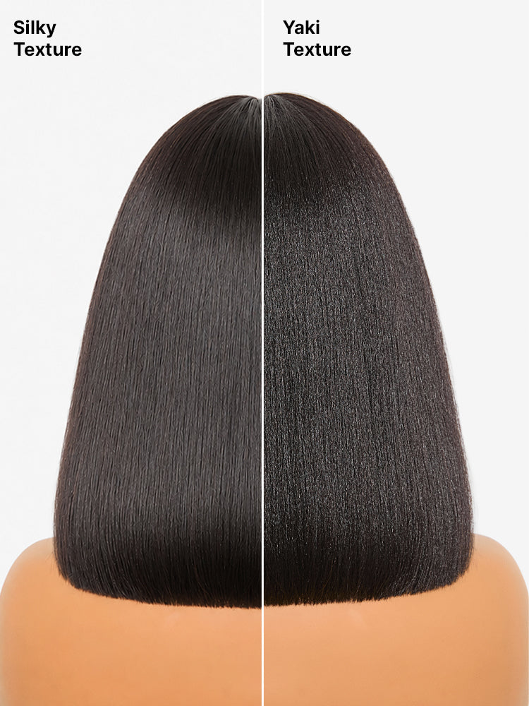 Put On and Go Realistic Glueless Yaki Straight Bob with Bangs Minimalist Lace Wig 100% Human Hair