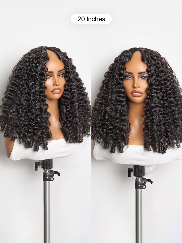 True Scalp V Part 180% Density Burmese Curly Finger Coil Ends Glueless Human Hair Wig with Flexi-Fit Drawstring