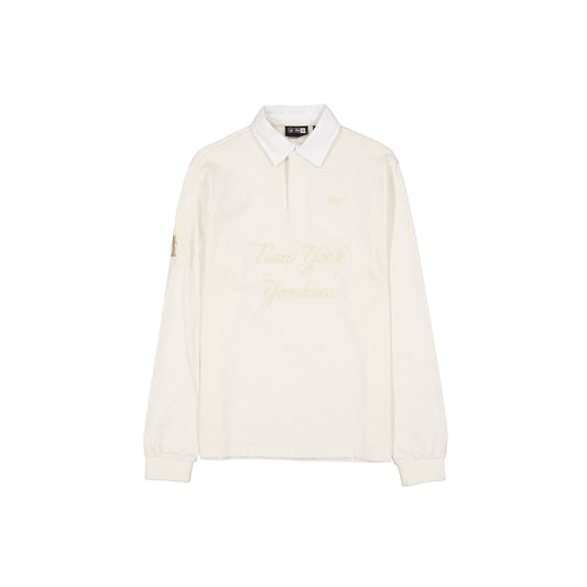 New York Yankees Off White Script Long Sleeve Rugby Shirt