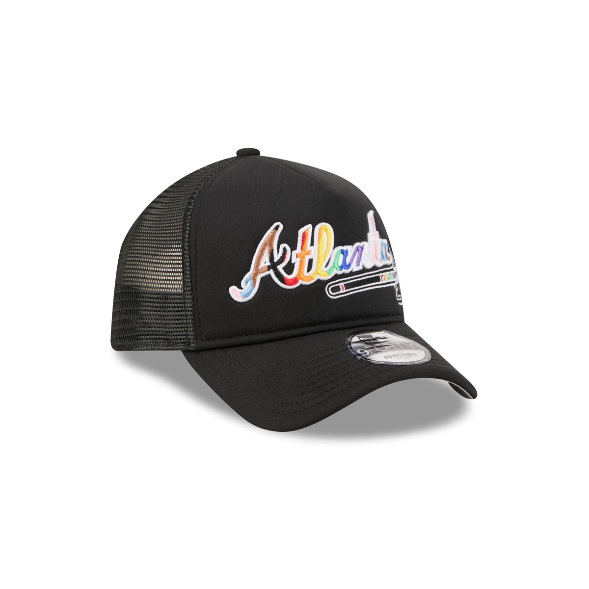 Atlanta Braves Rainbow Wordmark 9FORTY A-Frame Trucker Hat