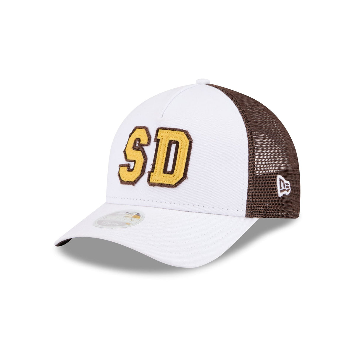 San Diego Padres Optic White Felt Logo Women's 9FORTY M-Crown A-Frame Trucker Hat