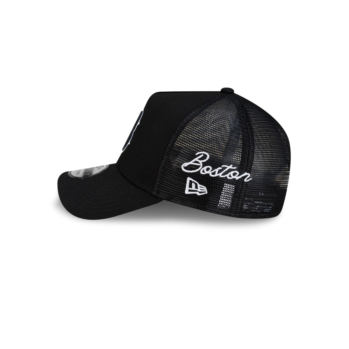Boston Red Sox Side Script Black 9FORTY A-Frame Trucker Hat