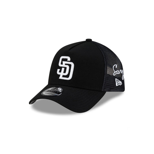 San Diego Padres Side Script Black 9FORTY A-Frame Trucker Hat