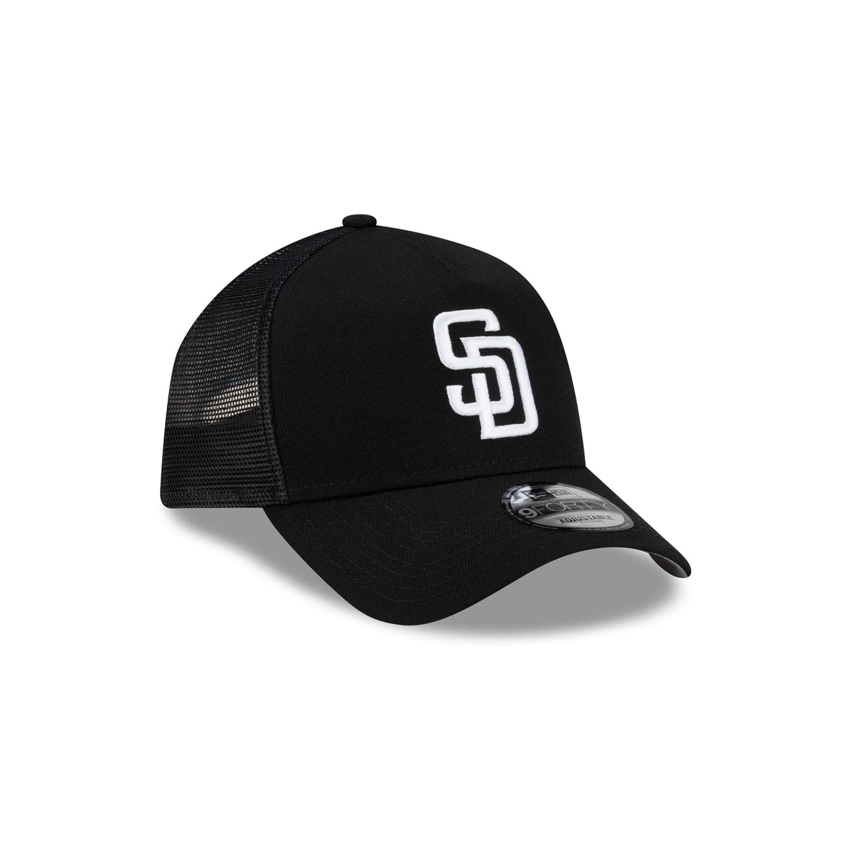 San Diego Padres Side Script Black 9FORTY A-Frame Trucker Hat
