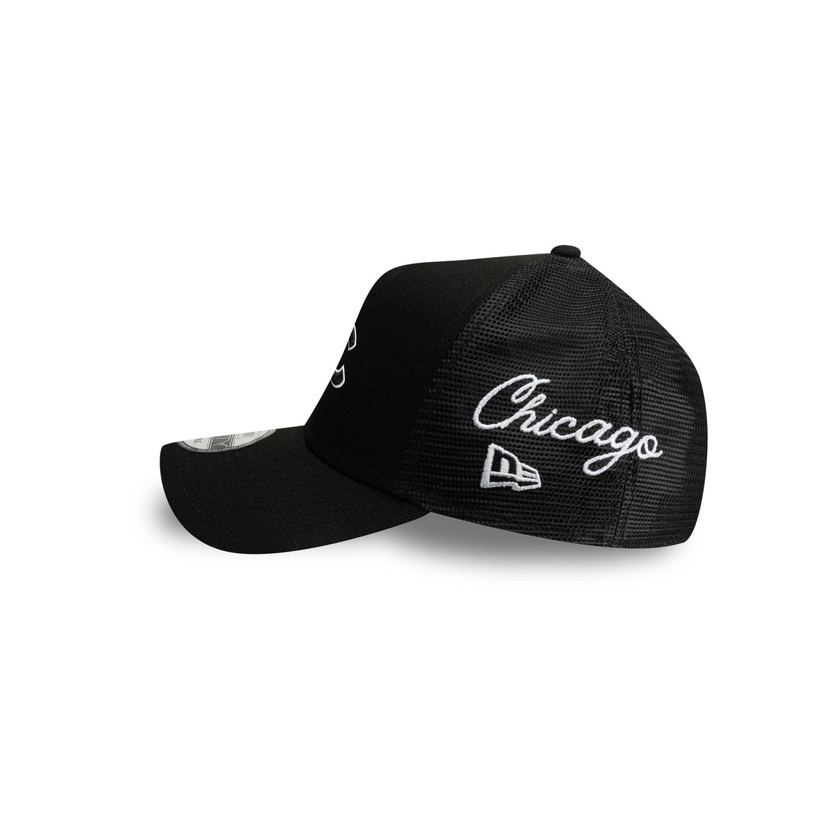 Chicago Cubs Side Script Black 9FORTY A-Frame Trucker Hat